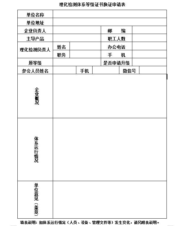 2020年企业理化检测体系证书换证申请表